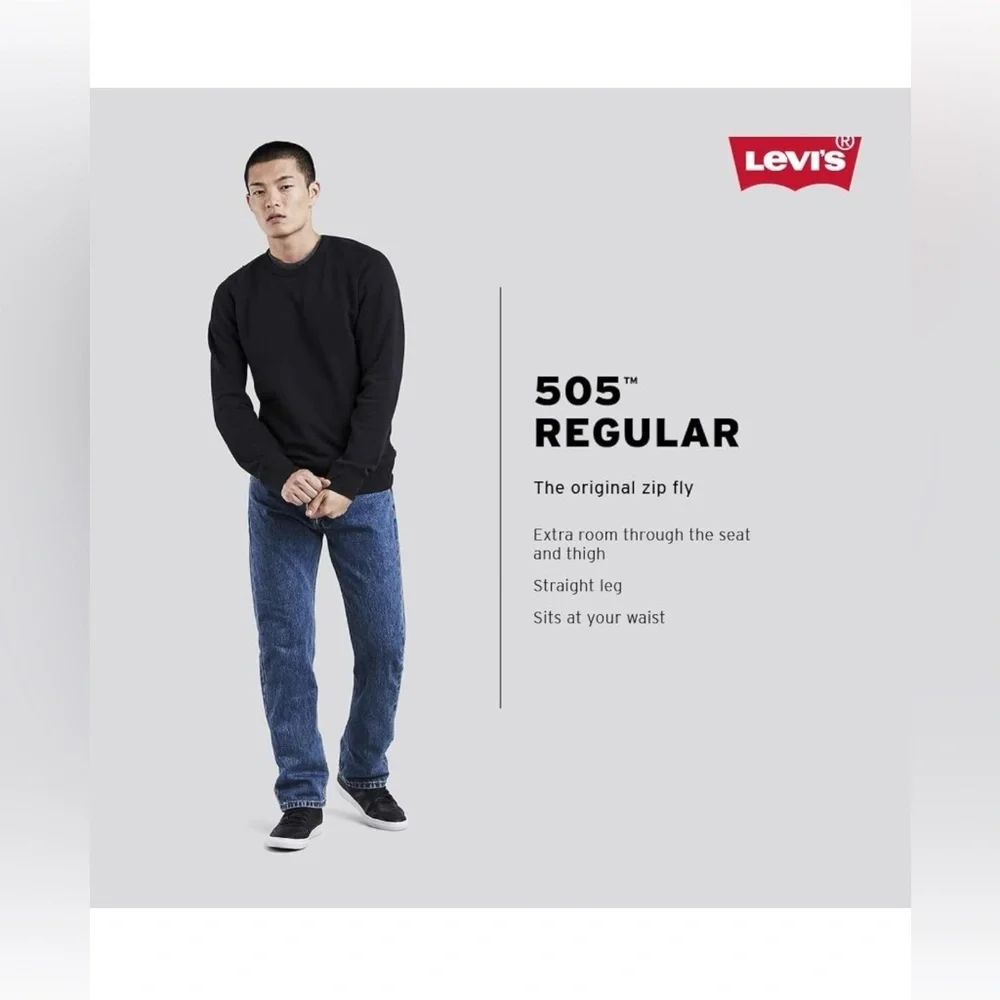 Levi's 505 Men's Jeans Regular Fit 48X30 Black Middle Wash Straight Leg Zip